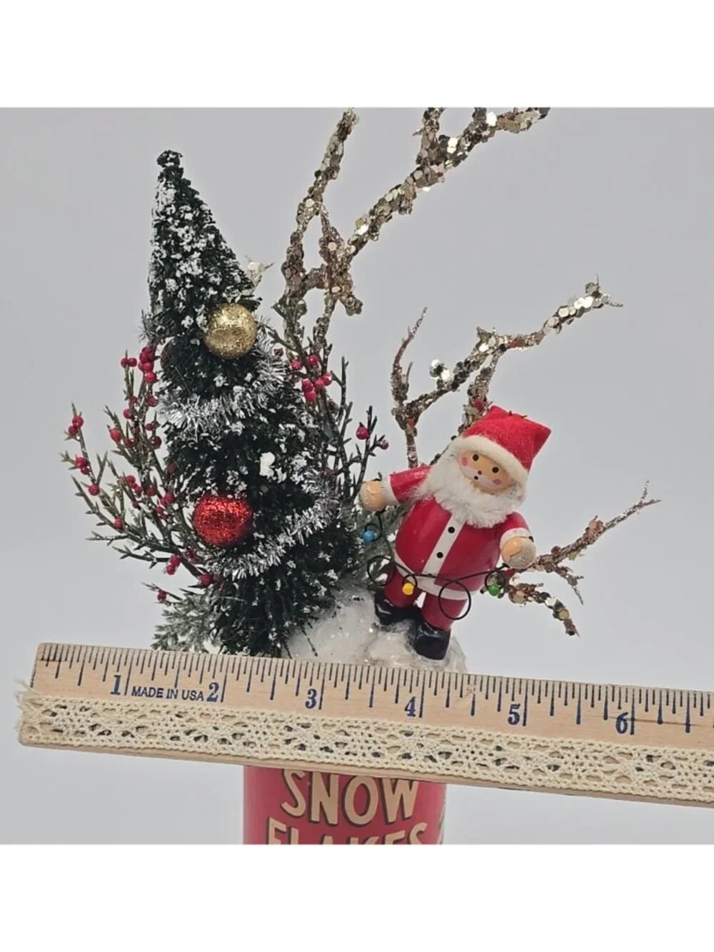 OOAK Christmas Assemblage Art Vtg Kitschy Bottle Brush Tree Wooden Santa Mica